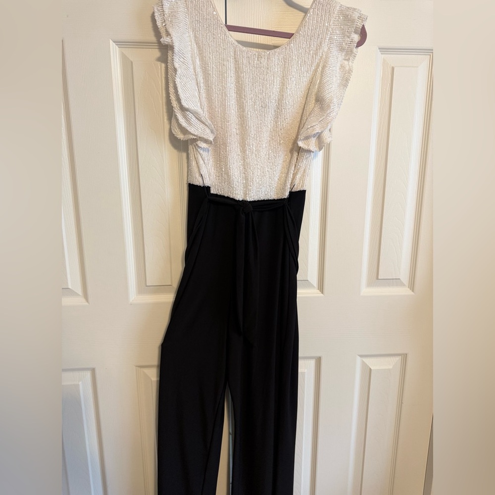 Ronni Nicole Black and White Sequin Ruffled Jumpsuit